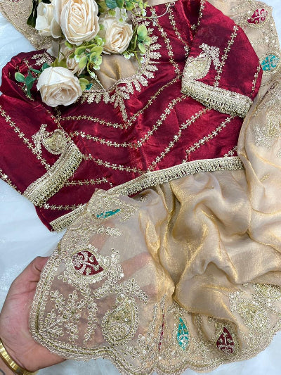 Gold Tissue Silk Ready to Wear Saree with Maroon Stitched Embroidered Blouse