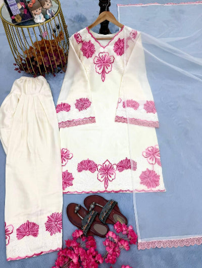 White Pink Floral Bell Sleeves Farshi Suit