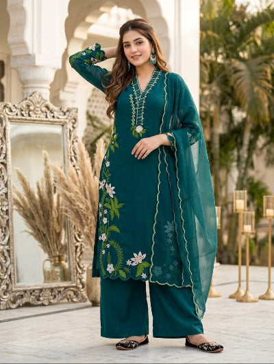Teal Green Embroidered Roman Silk Palazzo Suit Set for Women UK