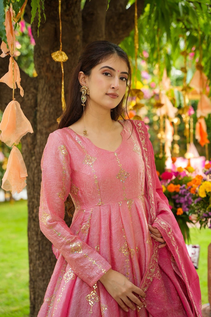 Pink Crunchy Silk Embroidery Anarkali Suit set
