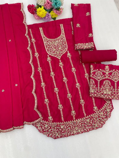 Plus Size Embroidered Zari Work Chinon Palazzo Suit Set