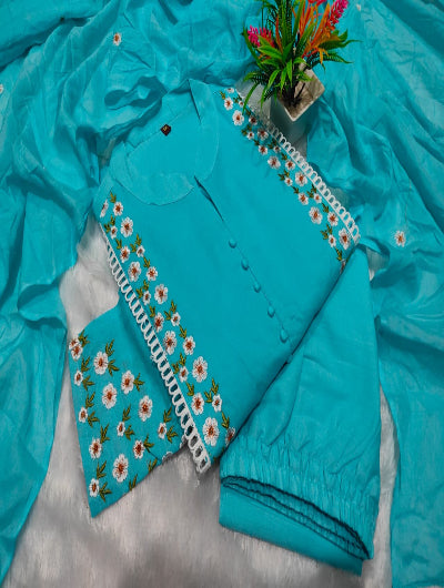 Pink &amp; Blue Lightweight Cotton Anarkali Suit with Embroidery