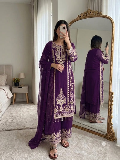 Purple Georgette Exquisite Embroidery Work Straight Suit Set for Women