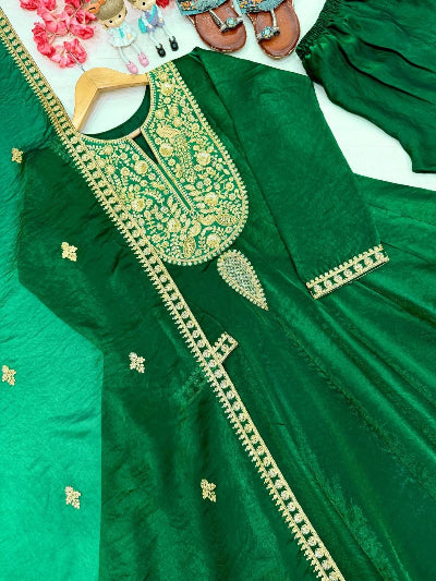 Dark Green Embroidered Modest Silk Anarkali Gown Set