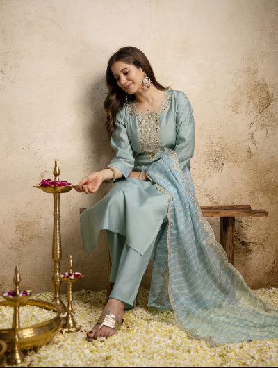 Powder Blue Embroidered Chanderi Suit for Women | Asian Ethnic Wear UK