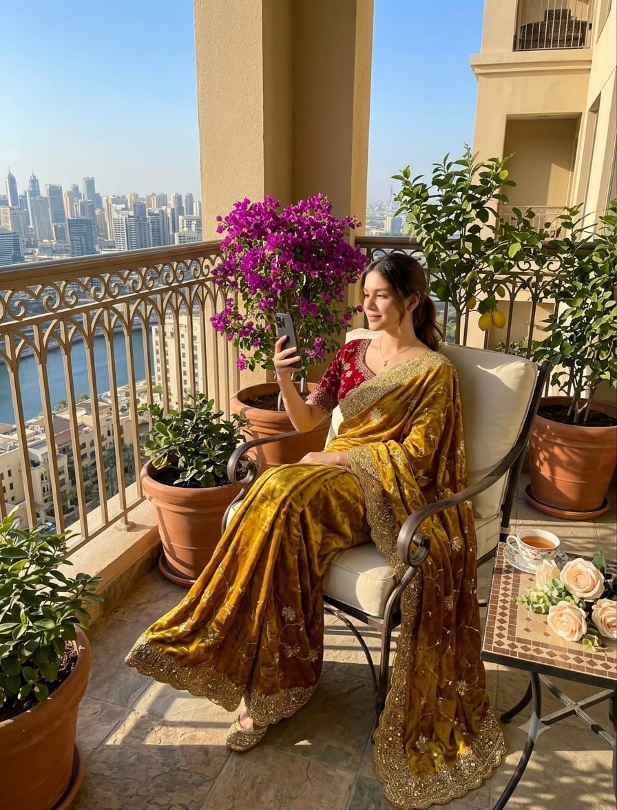 Mustard Pre-Stitched Ready to Wear Saree with Free Red Embroidered Stitched Blouse