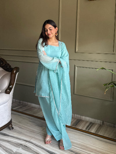 Powder Blue Crunchy Silk Farshi Suit Set UK Next Day