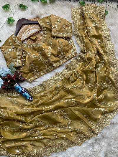 Mustard Gold Embroidered Ready to Wear Saree with Free Stitched Blouse