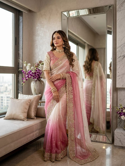Blush Pink &amp; White Pre-pleated Ready to Wear Saree with Embroidered Stitched Blouse