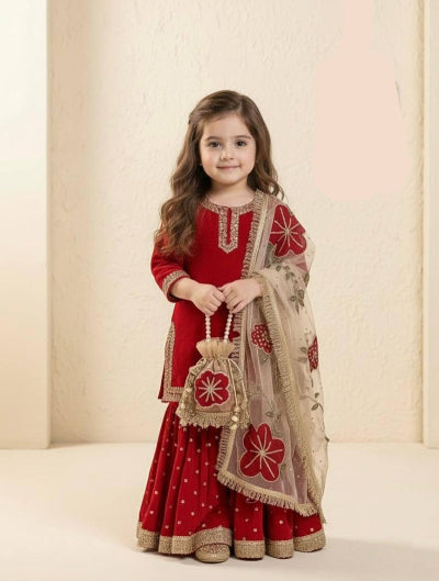 Kids Red Embroidery Work Floral Sharara Suit UK Next Day
