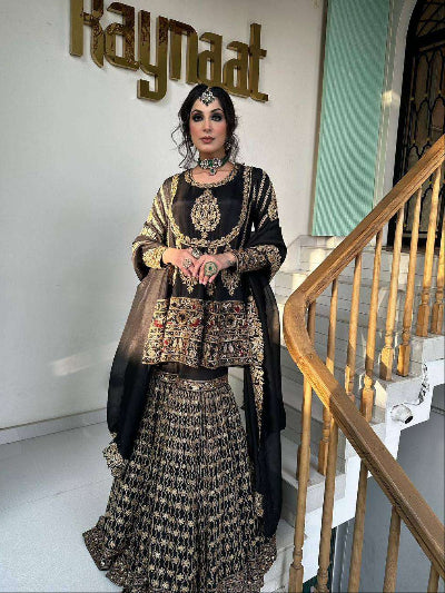 Black Gold Embroidered Wedding Gharara Suit UK Next Day