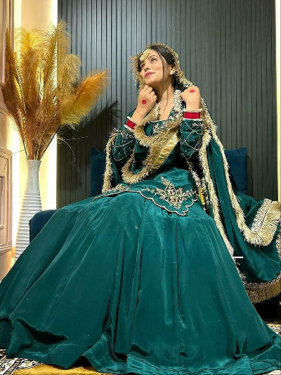 Teal Green Embroidery Sequins Kurti Skirt Dupatta Set