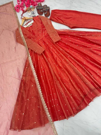 Orange Festive Embroidered Anarkali Suit Set UK Next Day