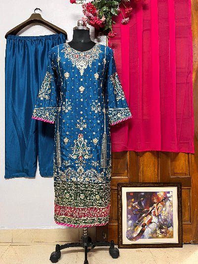 Peacock Blue Pink Sequins Embroidered Straight Suit