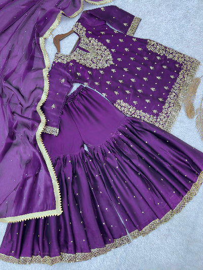 Purple Embroidered Tissue Silk Gharara Suit Set for Women
