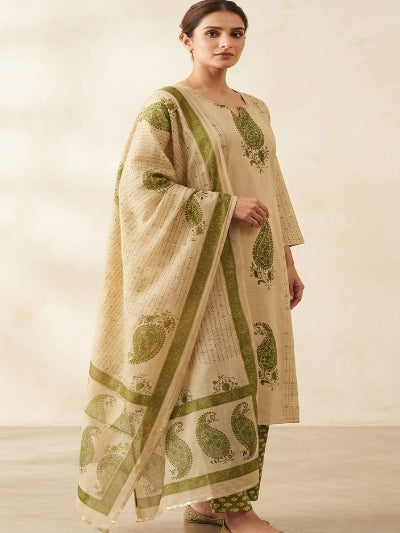 Beige &amp; Green Cotton Printed Straight Suit | Paisley Print Dupatta Set