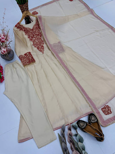 Ivory Gold Organza Embroidered Anarkali Gown Set | Women&