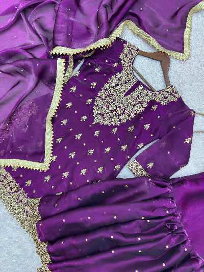 Purple Embroidered Tissue Silk Gharara Suit Set for Women