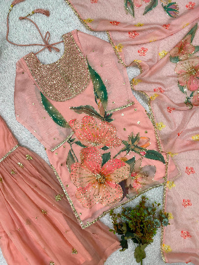 Dusty Peach Soft Organza Embroidery Work Ethnic Sharara Suit for Women