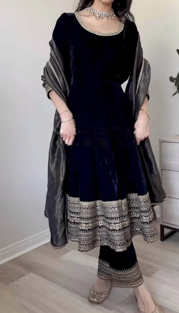 Black Velvet Anarkali Gown With Dupatta and Embroidery Work UK Next Day