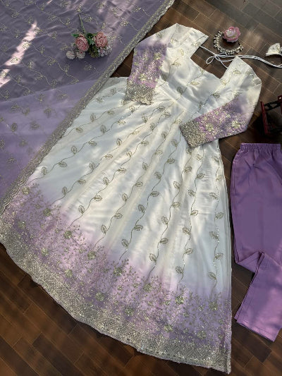 Lavender White Georgette Sequence Work Anarkali Suit