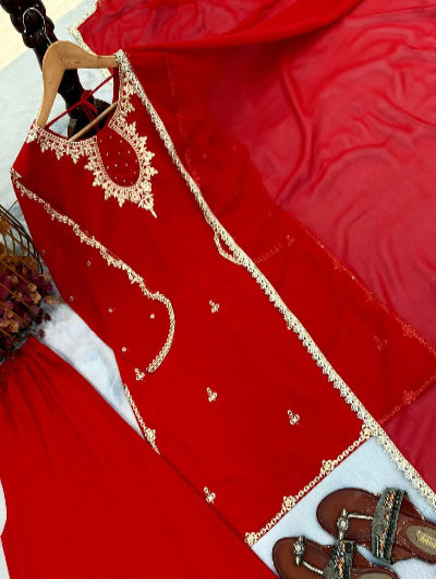 Red Karvachauth Georgette Embroidered Palazzo Suit Set