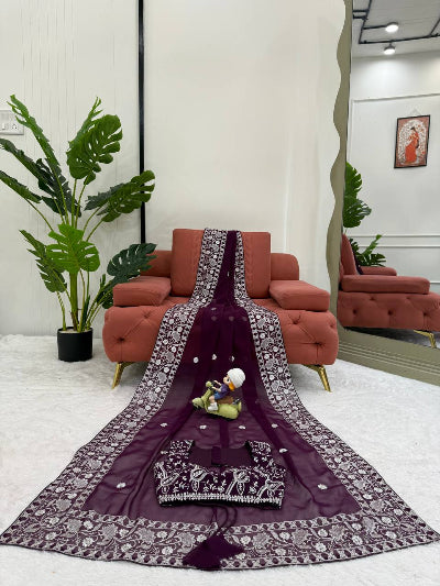 Wine Georgette Thread Embroidery Ready to wear Saree with Free Stitched Blouse