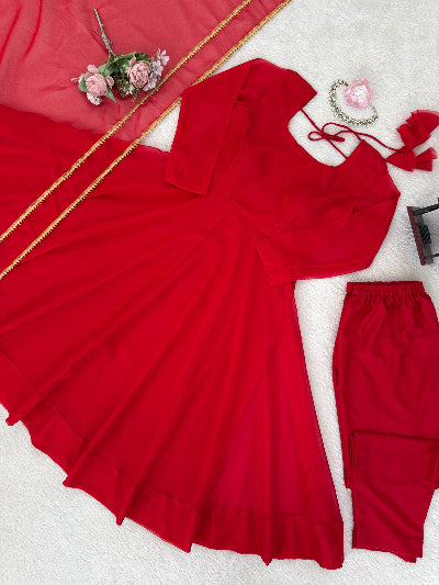 Red Anarkali Suit Set with Lace Dupatta