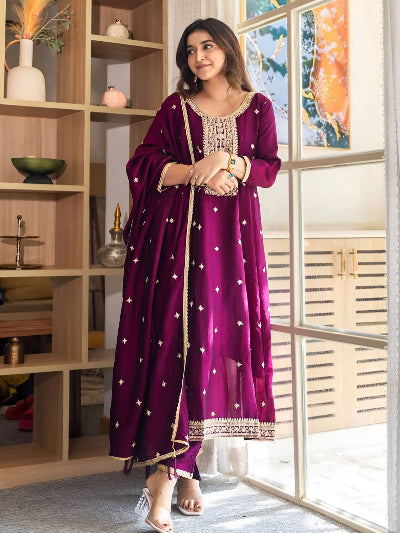 Embroidered Designer Silk Anarkali Suit Set- 3 Colours