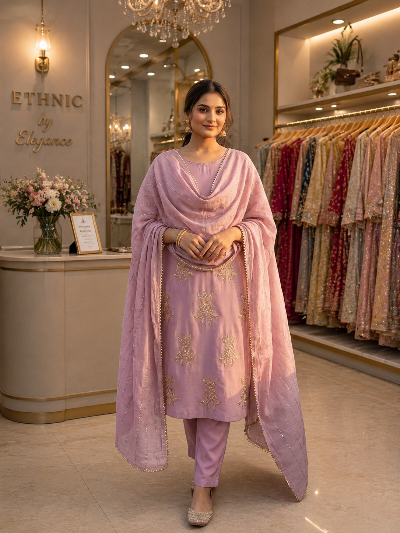 Soft Dusty Pink Chinon Embroidery Straight Suit Set