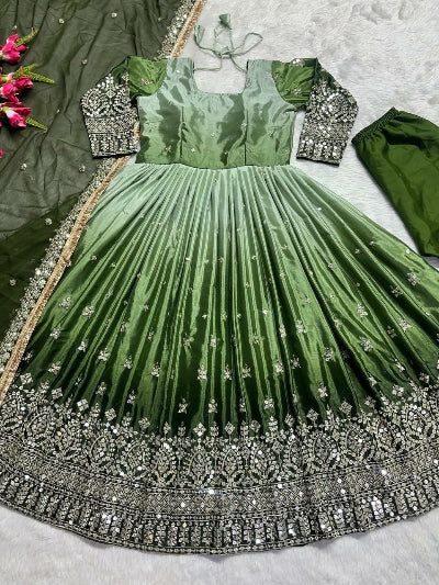 Emerald Green Sequin Embroidered Chinon Silk Anarkali Gown Set