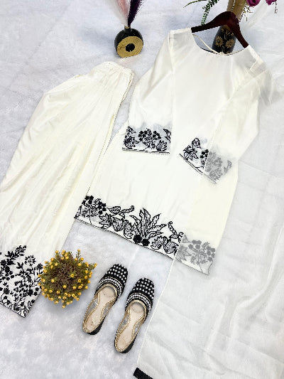White Embroidery Full Sleeves Farshi Suit