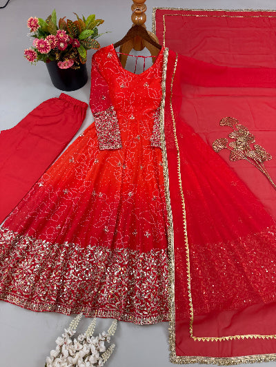 Red Orange Ombre Embroidered Anarkali Gown Set