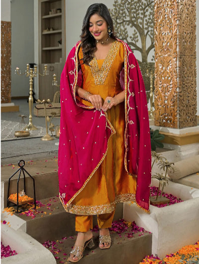 Mustard Yellow Embroidered Anarkali Suit with Pink Dupatta