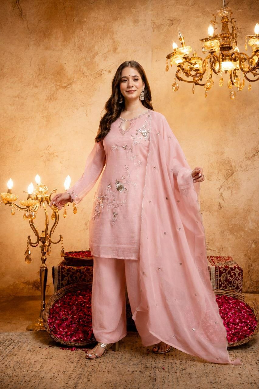 Blush Pink Embroidered Crunchy Silk Palazzo Suit