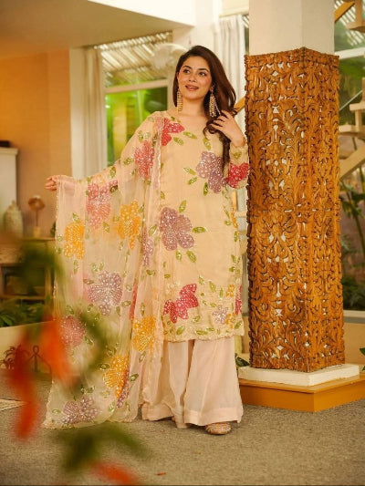Peach Floral Organza Embroidery Palazzo Sharara Suit
