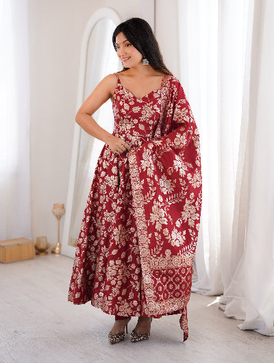 Deep Red Banarasi Gold Jacquard Sleeveless Anarkali Suit Set UK Next Day
