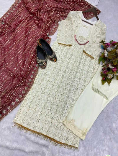 Maroon Ivory Pearls Embroidery Partywear Set UK Next Day
