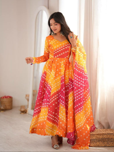 Yellow Bandhani Organza Flair Anarkali Suit