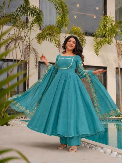 Teal Blue Embroidered Crunchy Silk Anarkali Suit for Women