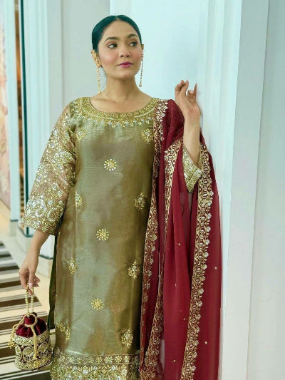 Antique Gold Embroidered Tissue Silk Straight Suit with Maroon Dupatta