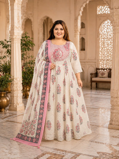 Plus Size Women Cream Pink Cotton Anarkali Dupatta Set of 2