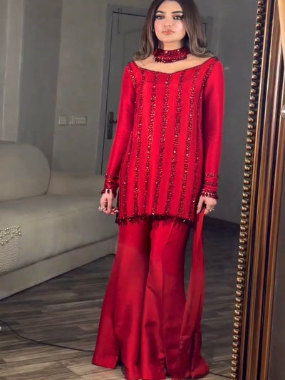 Red Beads Work Partywear Palazzo Suit Set