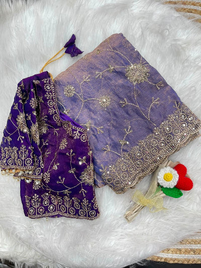 Lilac Pre-Stitched Ready to Wear Saree with Free Purple Embroidered Stitched Blouse