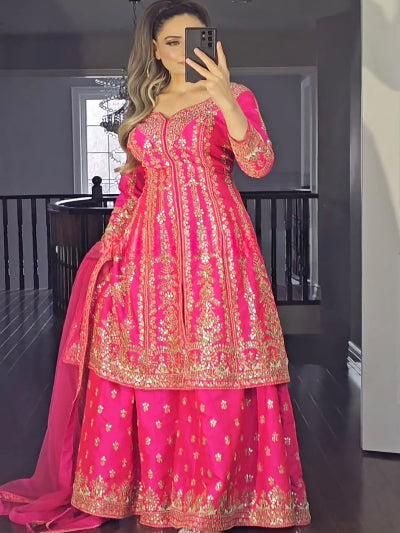 Hot Pink Gold Embroidered Satin Silk Sharara Suit Set