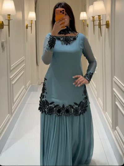 Powder Blue Georgette Beaded Embroidered Sharara Suit Set