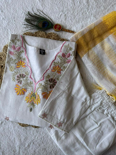 White Gold Embroidered Khadi Cotton Suit Set for Women