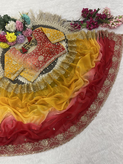 Mustard Ruby Ombre Pre-pleated Ready to Wear Saree with Embroidered Stitched Blouse