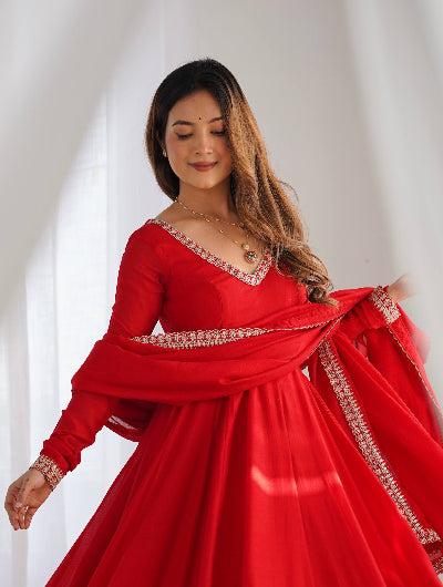 Red Embroidery Work Anarkali Gown Suit Set | Karwa Chauth Special