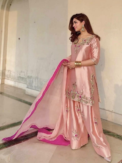Blush Pink Silk Embroidered Farshi Suit Set | Asian Wear